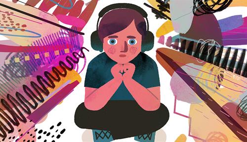 Conceptual illustration of a child sitting cross-legged, surrounded by a set of shapes and squiggles meant to signify all the stimuli they encounter in their young lives.
