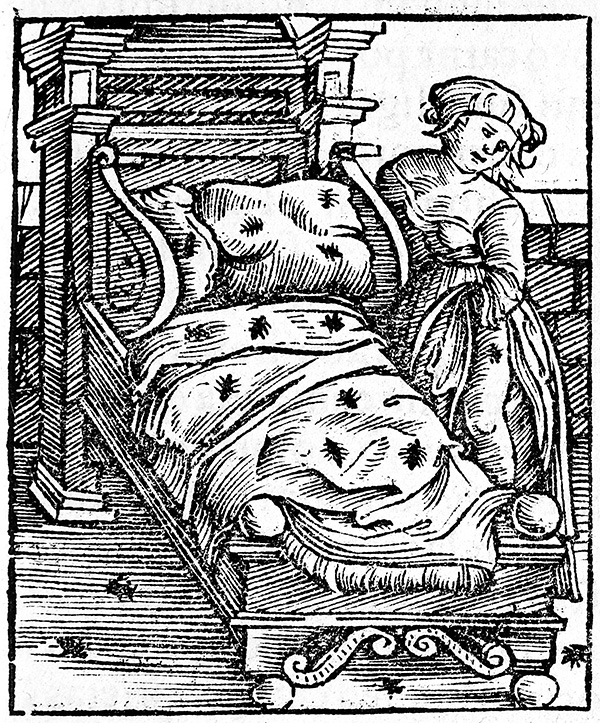 Bed bug woodcut Woodcut print shows a woman standing by a bed covered in crawling insects.