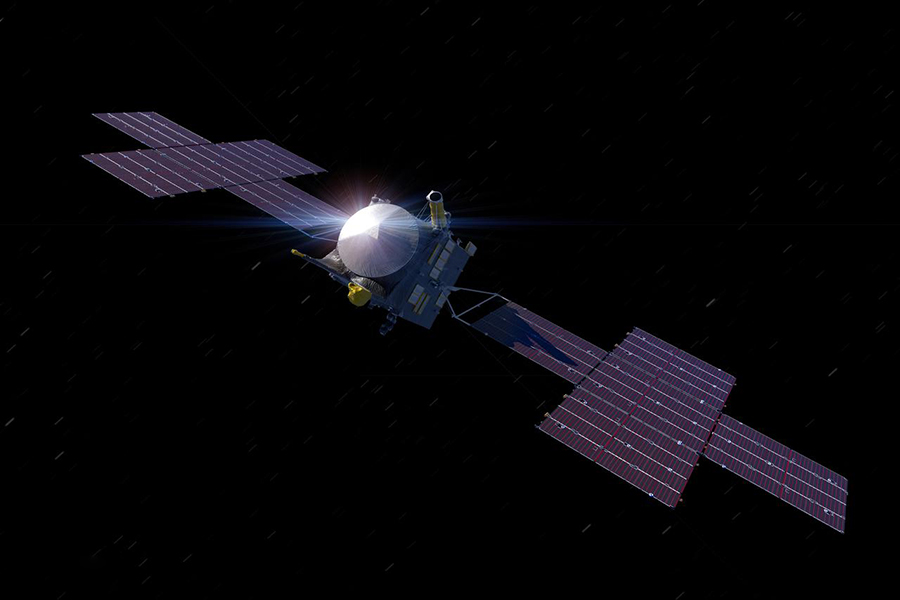 Psyche in space Illustration depicts the Psyche spacecraft in flight, with large solar arrays spread out on either side of the central chassis.