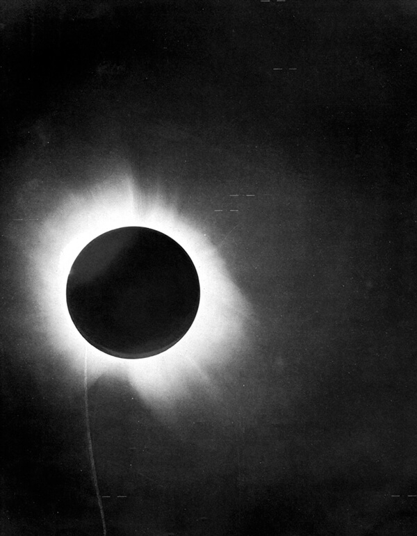 1919 Solar eclipse Photo shows black disk of moon blocking most of the sun’s light during an eclipse in 1919, with the solar corona visible around the moon.