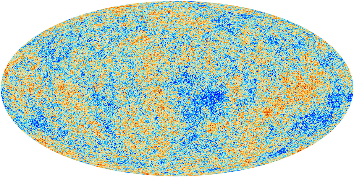 Cosmic microwave background Image shows the view of the sky’s background radiation, a splotchy oval filled with some areas rich in red and yellow and others in blue.