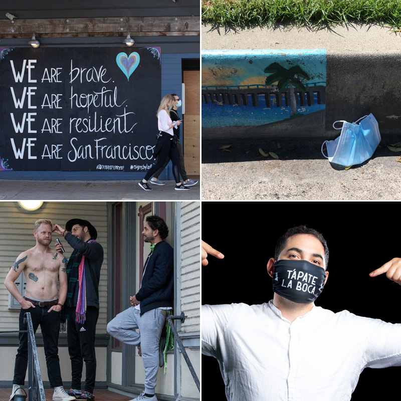 Covid daily life Four photographs arranged in a square.