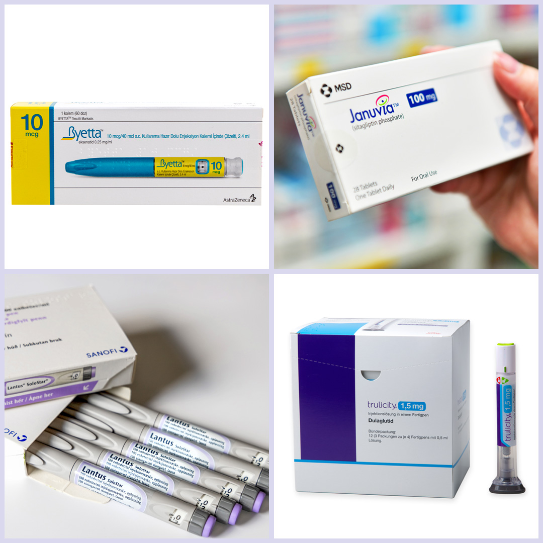 Diabetes meds Collage showing photos of four medications for type 2 diabetes: Byetta, Januvia, Lantus and Trulicity.