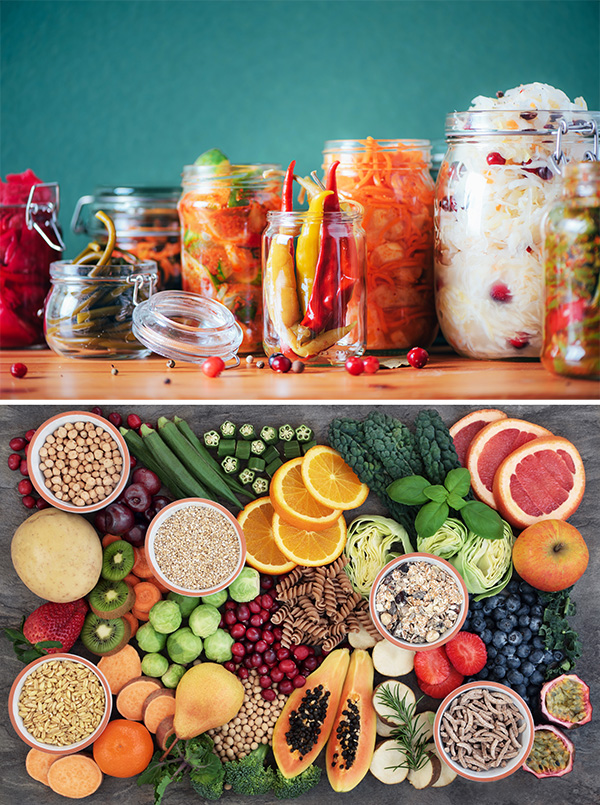 Fermented and fibrous foods Two photographs. The top one shows fermented food such as kimchee and marinated peppers, while the bottom shows an attractive array of fruits, vegetables, nuts, grains and whole-wheat pasta.