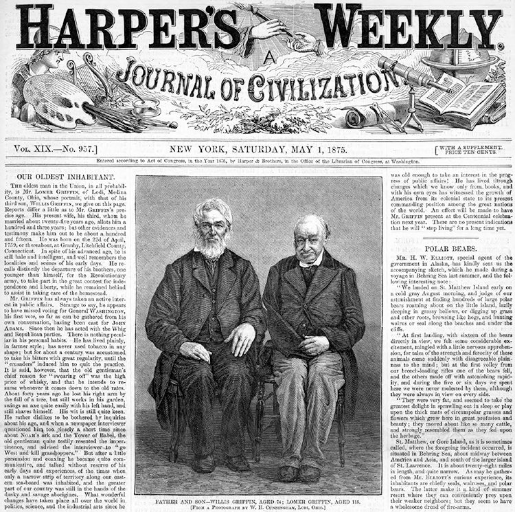 Lomer Griffin and son Reproduction of the front page of Harper’s Weekly magazine dated May 1, 1875, shows a black-and-white photo of Lomer Griffin, aged 116, and his son Willis Griffin, aged 74, illustrating an article about.