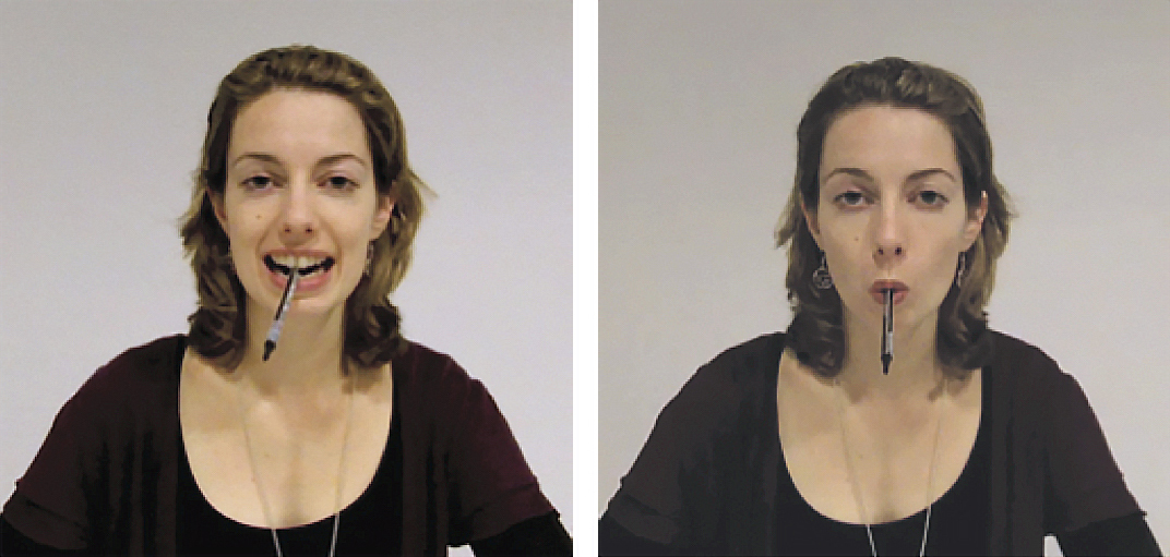 Pen-Face: Smiling and Pouting The image shows two photographs of the same woman holding a pen in her mouth. On the left, she’s holding the pen in her teeth, such that she makes a smile-like expression. On the right, she’s holding it with her lips, forcing a pouting expression.