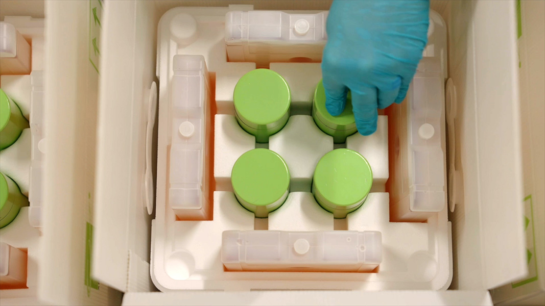 Radiopharmaceutical packaging Photo shows a hand wearing a blue glove handling a round, green container — one of four within a lined box. Inside the containers is the radioactive drug.