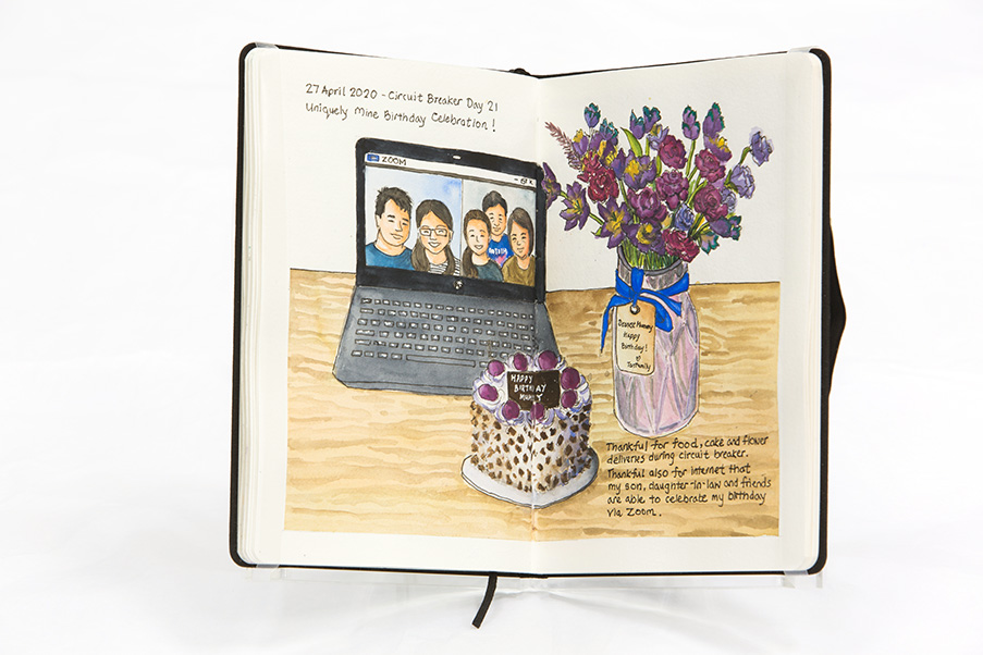 Circuit breaker sketch journal Two pages of a sketchbook show a cake, a bunch of flowers and a laptop on which a Zoom meeting is taking place. There is some writing on the pages as well.