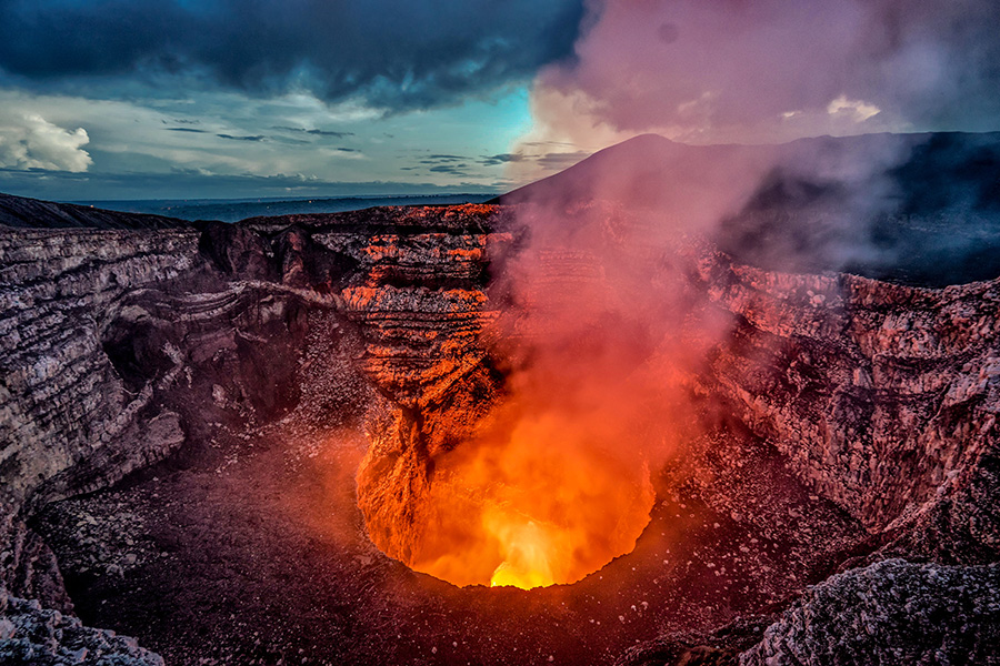 Masaya Volcano Crater of a volcano showing incandescent lava.