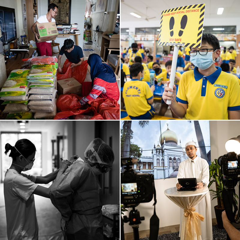 Covid-19 in Singapore Four photographs arranged in a square showing people in Singapore responding to the pandemic.