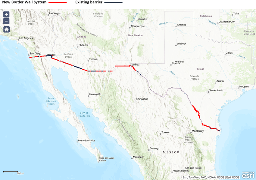 US-Mexico Border wall Map showing stretches of the US-Mexico border where there is a border barrier. In red are shown over 450 miles of barriers built between 2017 and 2021. Previously constructed barriers are shown in black.