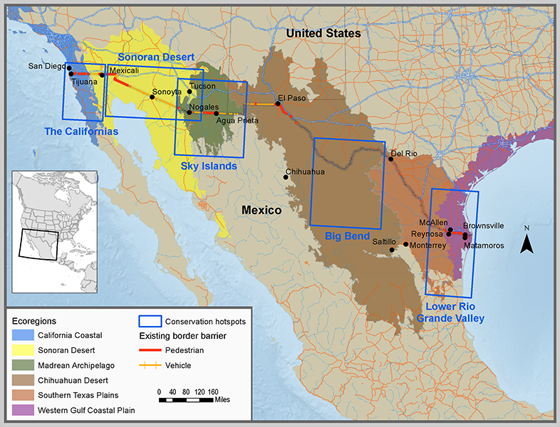US-Mexico border Ecoregions Map showing six ecoregions highlighted along the US-Mexico border. Each region is given a different color. In addition, blue rectangles highlight conservation hotspots.