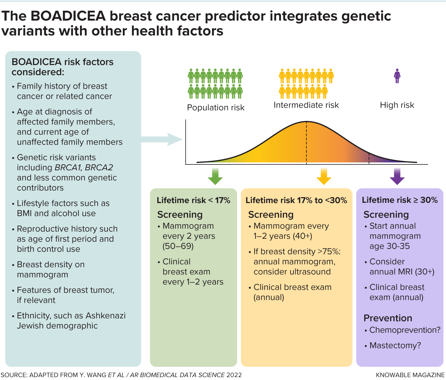 BOADICEA breast cancer predictor Lists factors in the BOADICEA breast cancer predictor: family history, age, genetic variants, lifestyle, reproductive history, breast density, tumor features and demographic group. Preventive measures are listed for lifetime risk of under 17%, 17% to 30% and 30% and over.