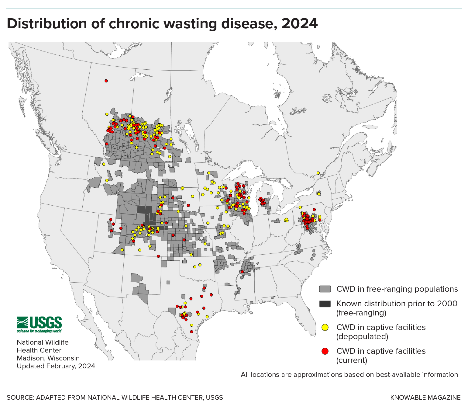 Spread of chronic wasting disease Map showing spread of chronic wasting disease in North America.