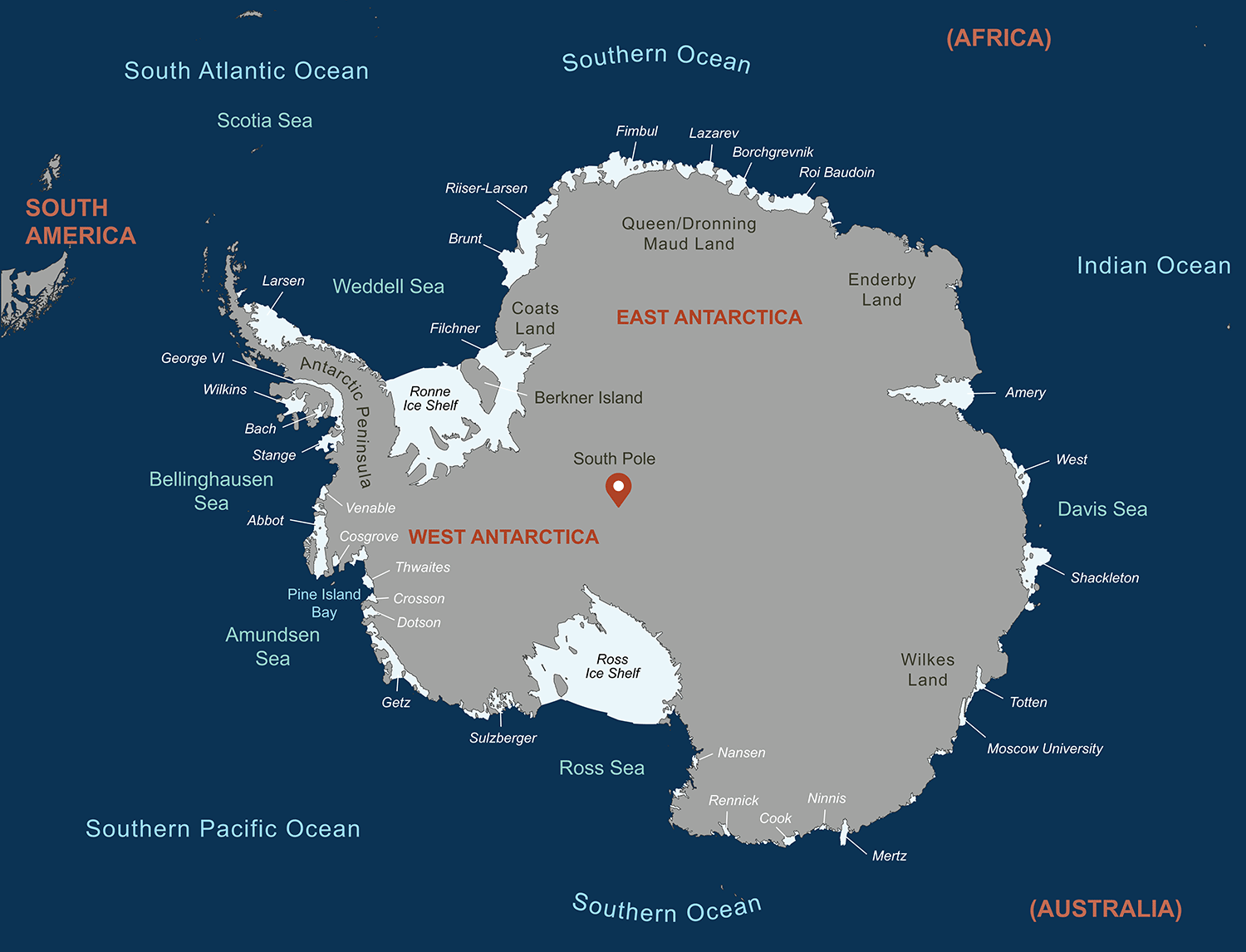 Ice shelves Map of Antarctica showing location of many ice shelves.