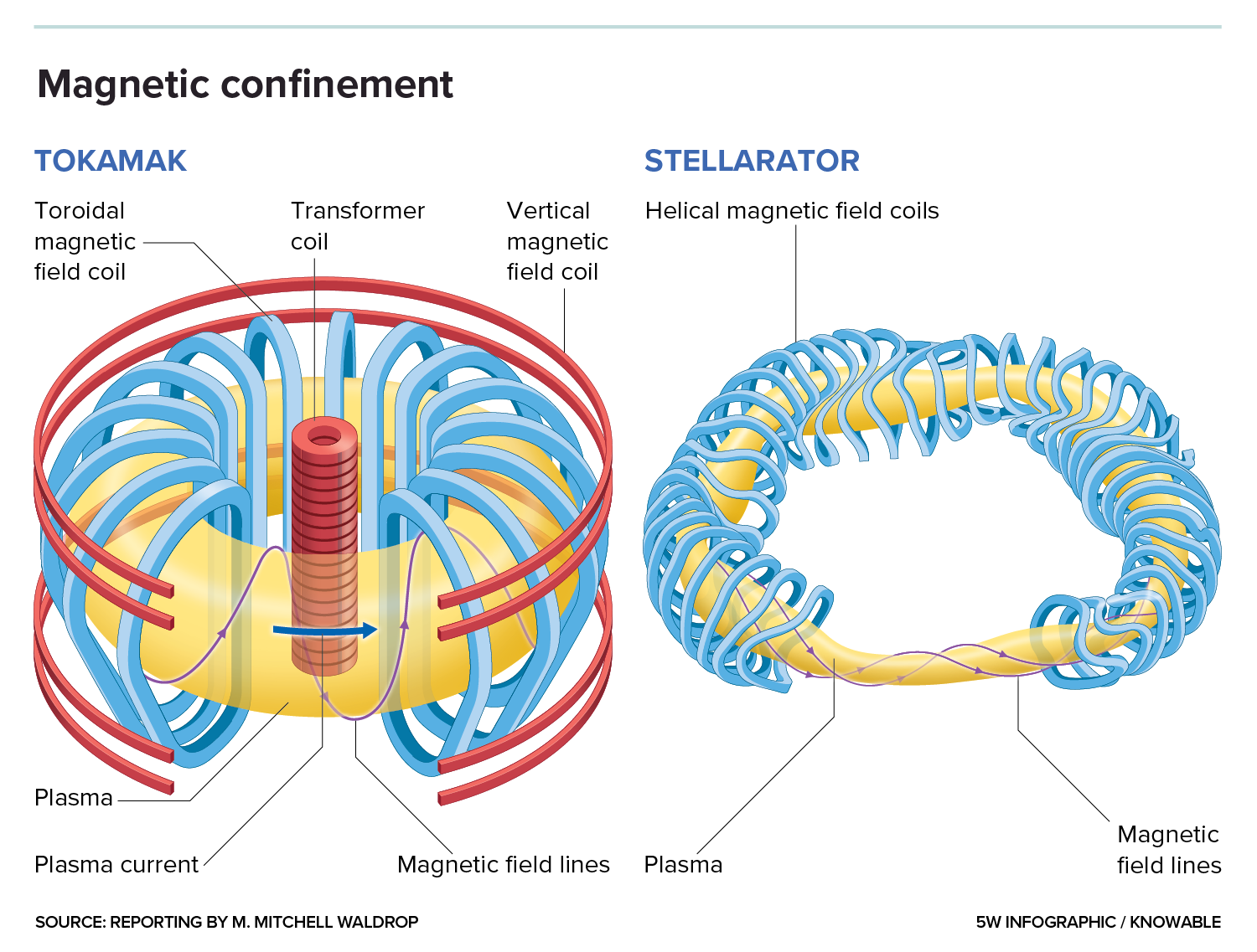 Tokamak and stellarator Graphic of two donut-shaped devices with yellow plasma flowing through the donuts, which are surrounded by metal coils.