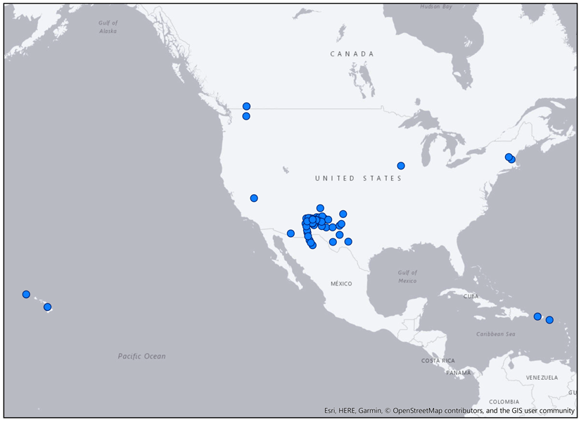 Next Generation Very Large Array Map shows locations of planned antennas for the array telescope, spiraling from a dense core in Arizona, New Mexico, Texas and Mexico to distant sites in Hawaii, Northeastern US, the Caribbean and others.