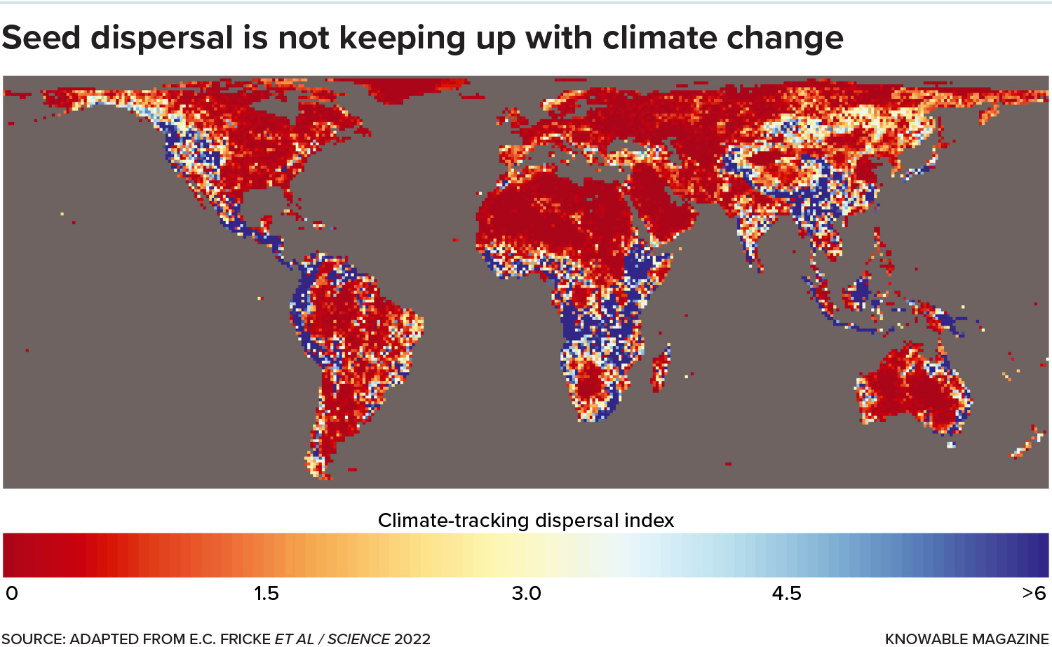 Tracking climate change Map of the world, most of it colored bright red or orange, but with bluer spots in some places, especially in the more equatorial regions.