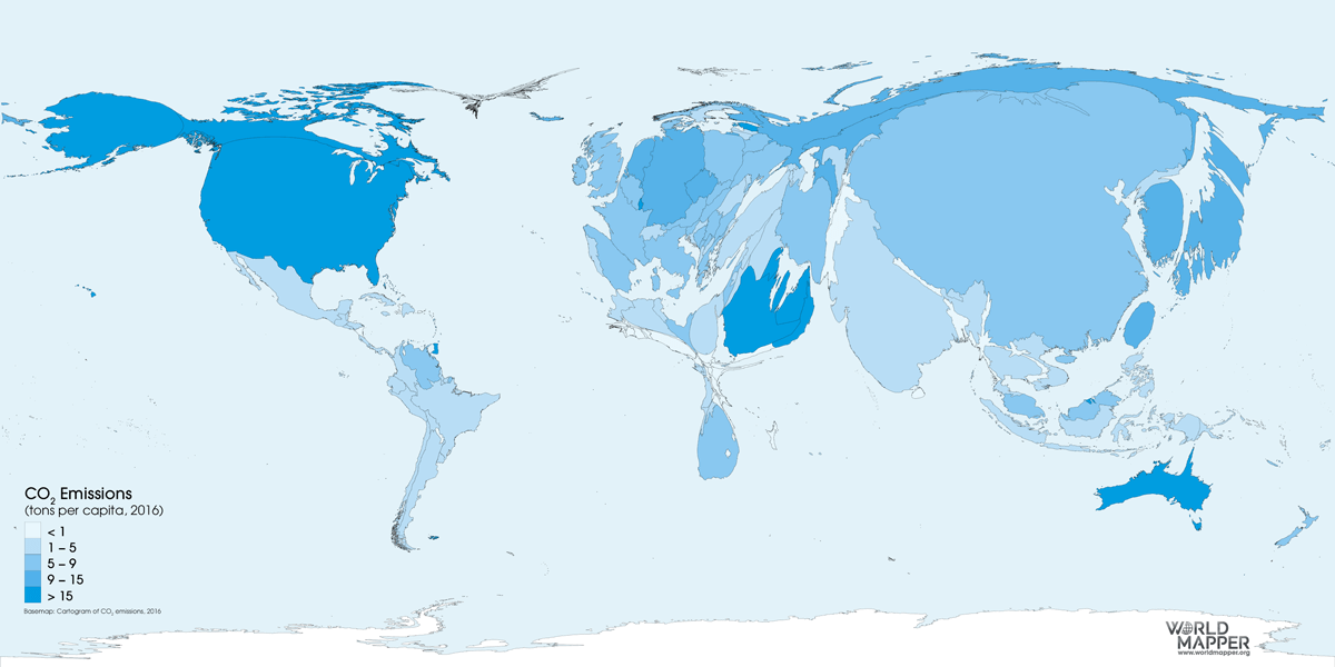 Carbon footprints A map has been distorted to reflect each nation’s per capita carbon dioxide emission.