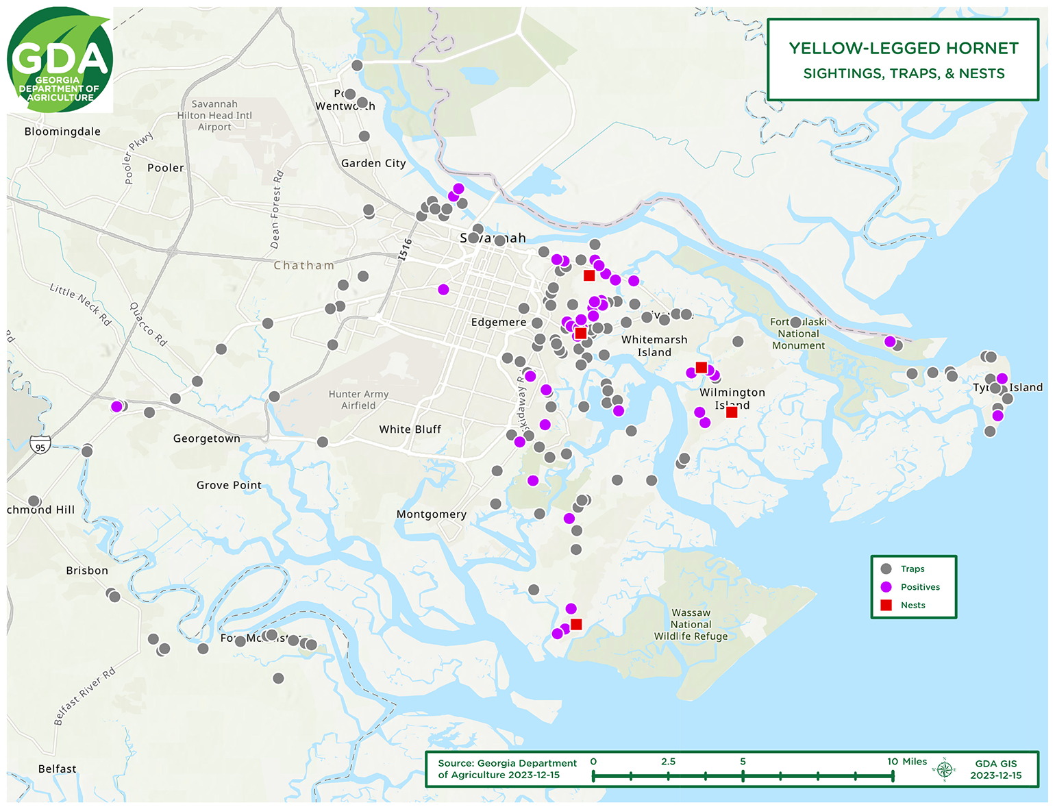 Hornets in Georgia Map shows the region around Savannah and the coast, identifying a perimeter of traps inland, numerous sightings across the region, four nests found between Savannah and Wilmington Island, and one nest to the south just outside of Wassaw National Wildlife Refuge.