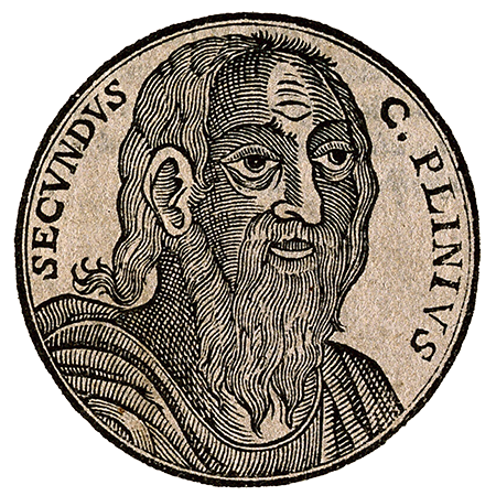 Pliny the Elder A round woodcut shows a portrait of a bearded, long-haired Pliny the Elder with his name written around his face.