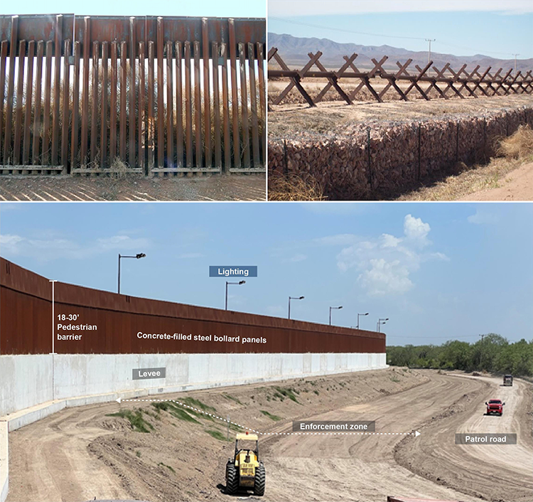 Border Barriers Collage of three photos showing the different types of barriers found on the US-Mexico border.